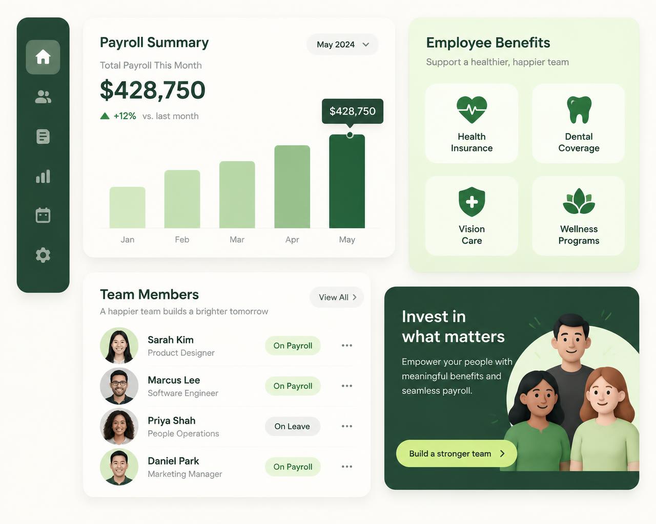 Illustration of a payroll dashboard with payroll summary, employee benefits and team members